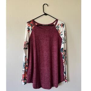 Reb in J Maroon Floral Long Sleeved Blouse Flowy Teacher Career